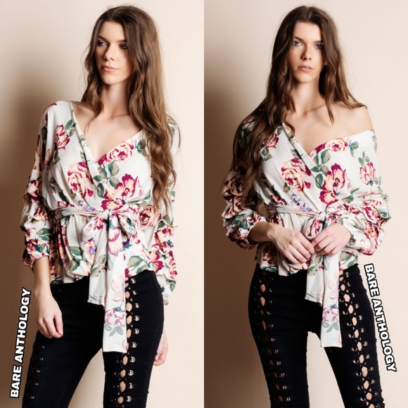 Bare Anthology Tops - Wrap Floral Puff Sleeve Top Bare Anthology Tops - Wrap Floral Puff Sleeve Top